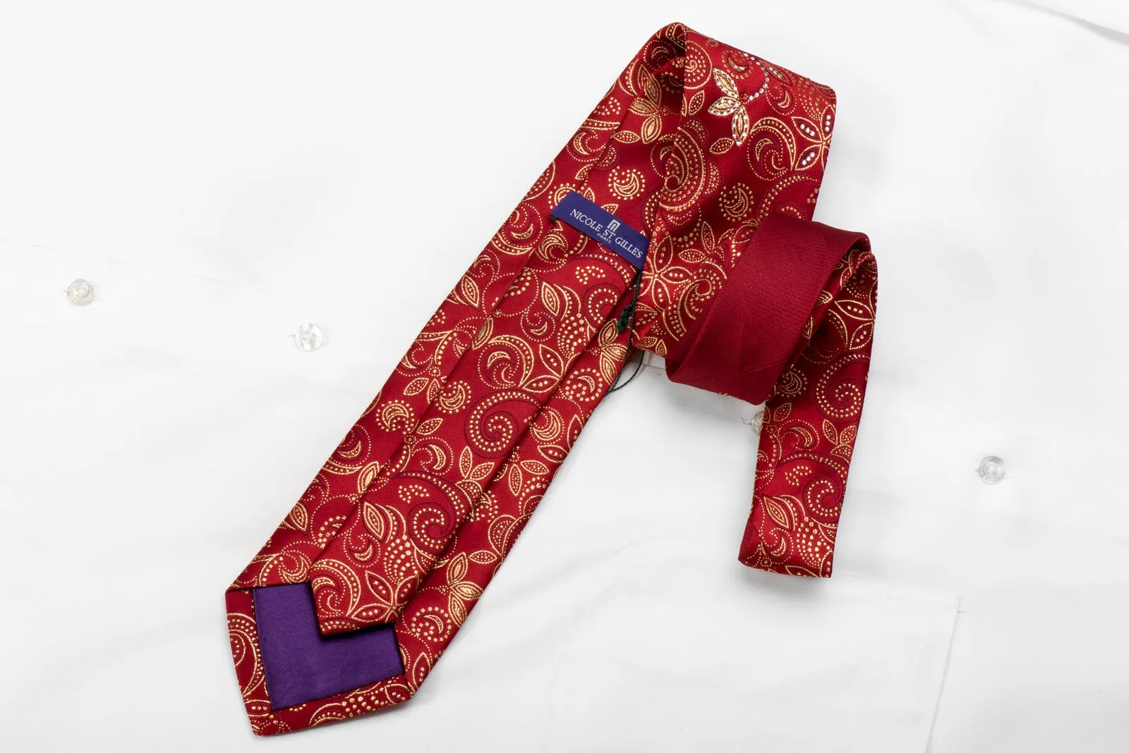 Gold Floral On Red Rhinestone Silk Tie With Golden Sparkles