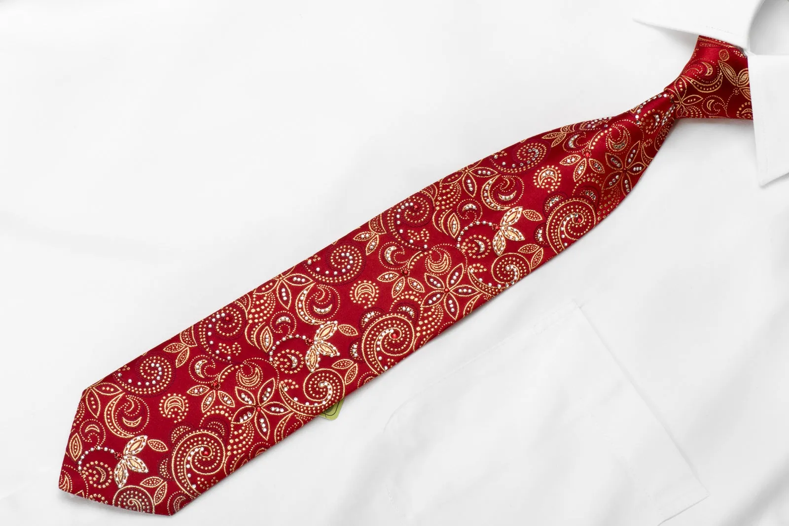 Gold Floral On Red Rhinestone Silk Tie With Golden Sparkles