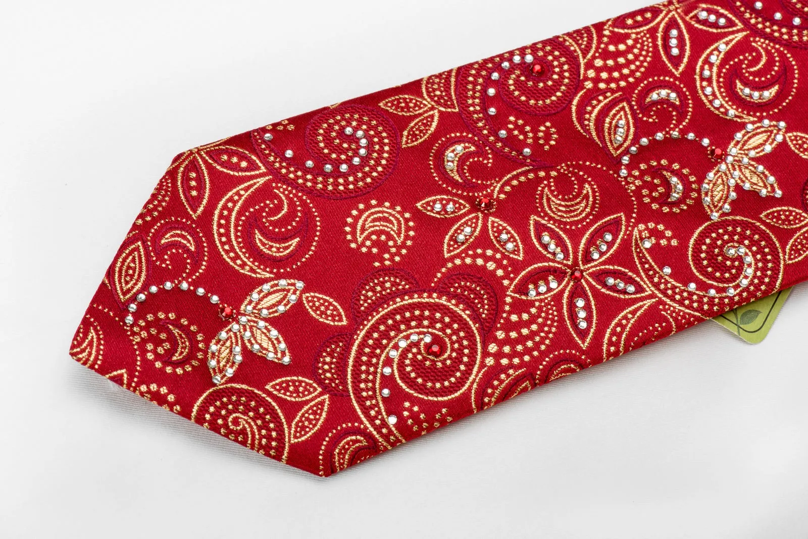 Gold Floral On Red Rhinestone Silk Tie With Golden Sparkles