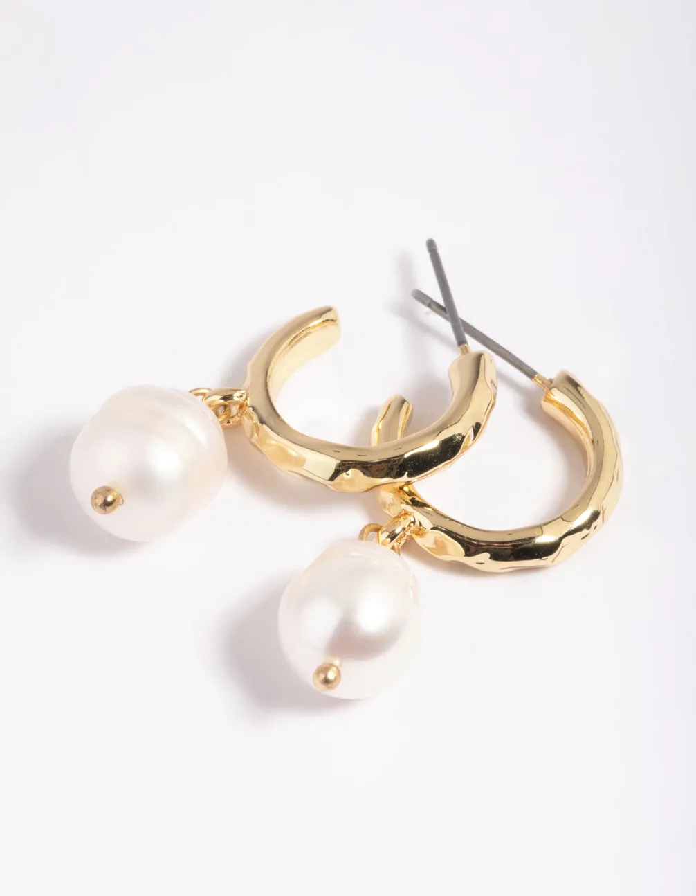 Gold Plated Freshwater Pearl Molten Hoop Earrings