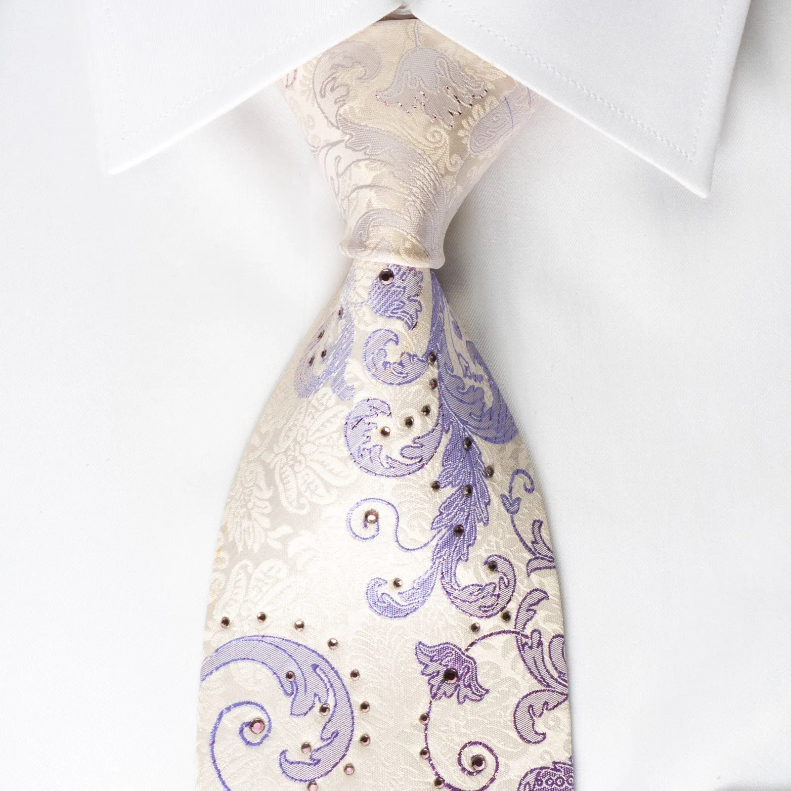 Grand Jour Rhinestone Silk Necktie Purple Anthemion On White With Sparkles