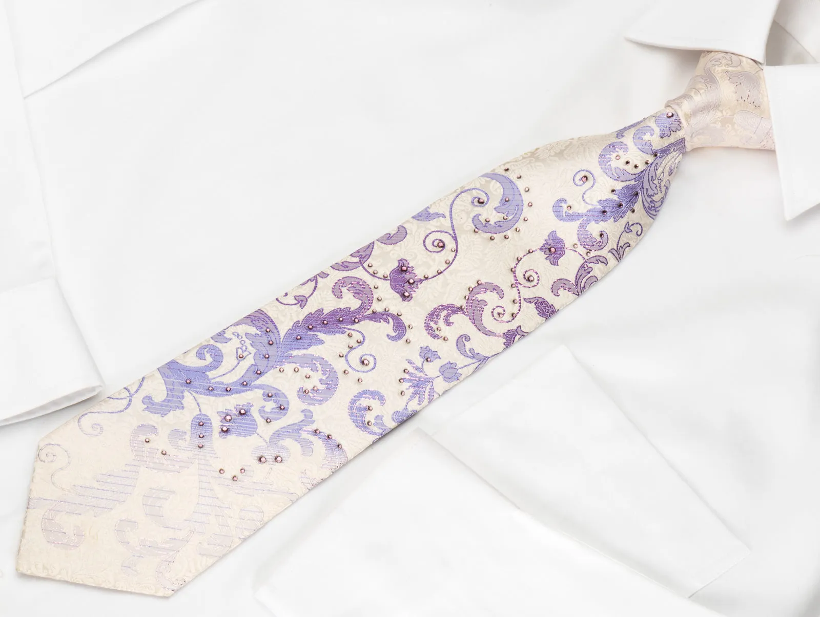 Grand Jour Rhinestone Silk Necktie Purple Anthemion On White With Sparkles