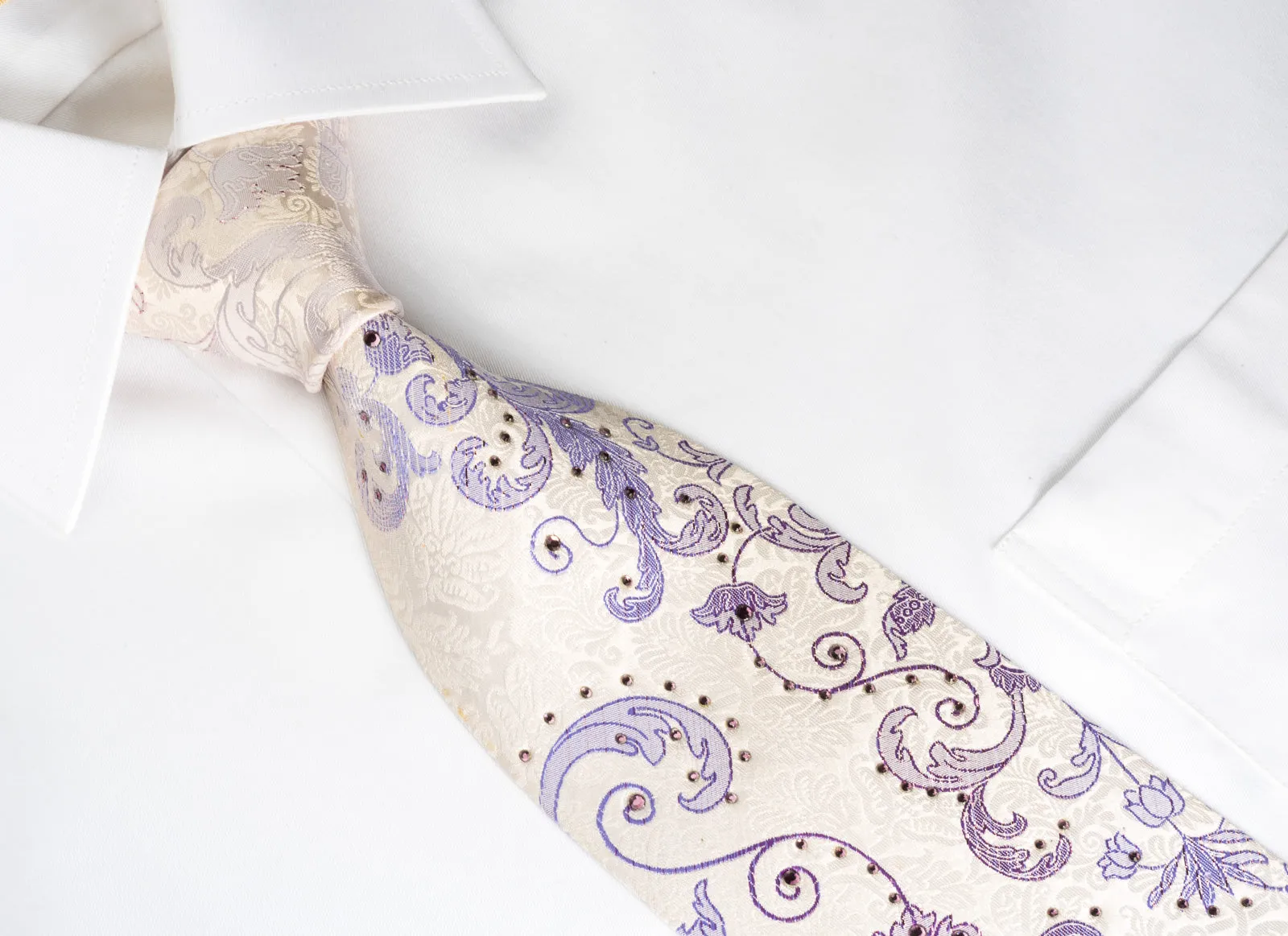 Grand Jour Rhinestone Silk Necktie Purple Anthemion On White With Sparkles