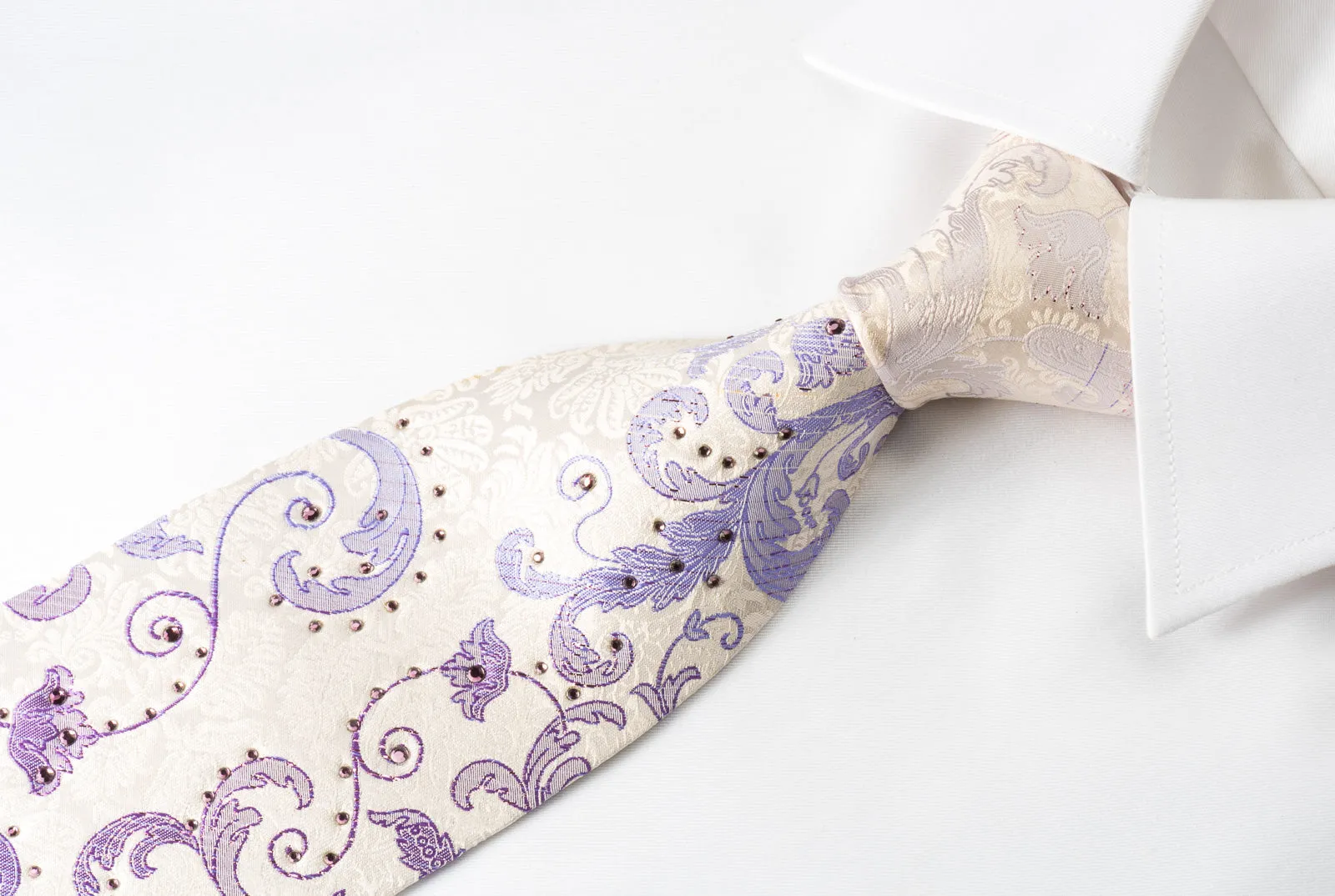 Grand Jour Rhinestone Silk Necktie Purple Anthemion On White With Sparkles