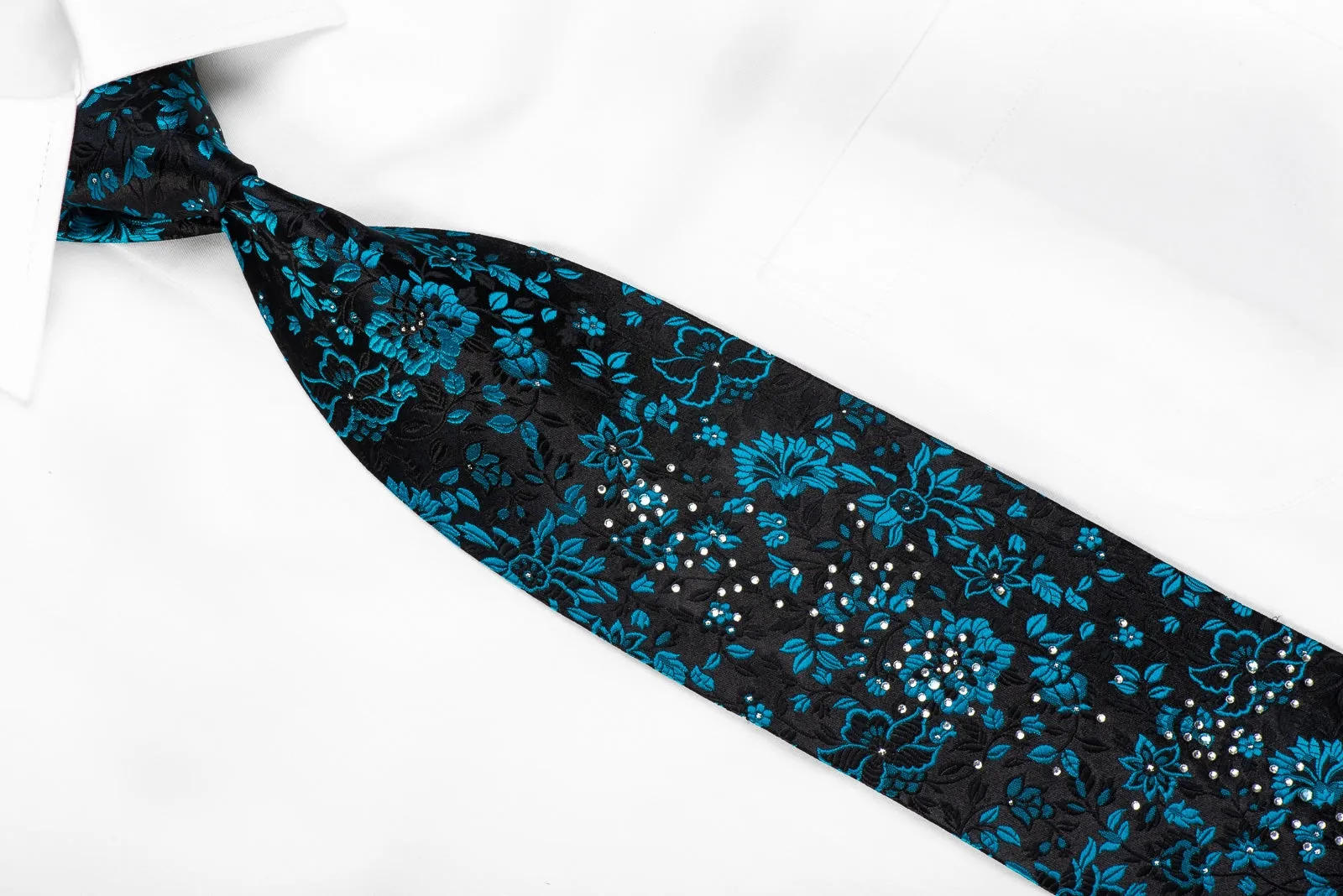 Grang-Cia Mens Crystal Silk Necktie Blue Floral On Black With Silver Sparkles