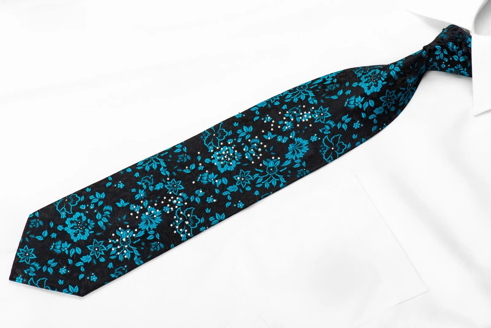 Grang-Cia Mens Crystal Silk Necktie Blue Floral On Black With Silver Sparkles