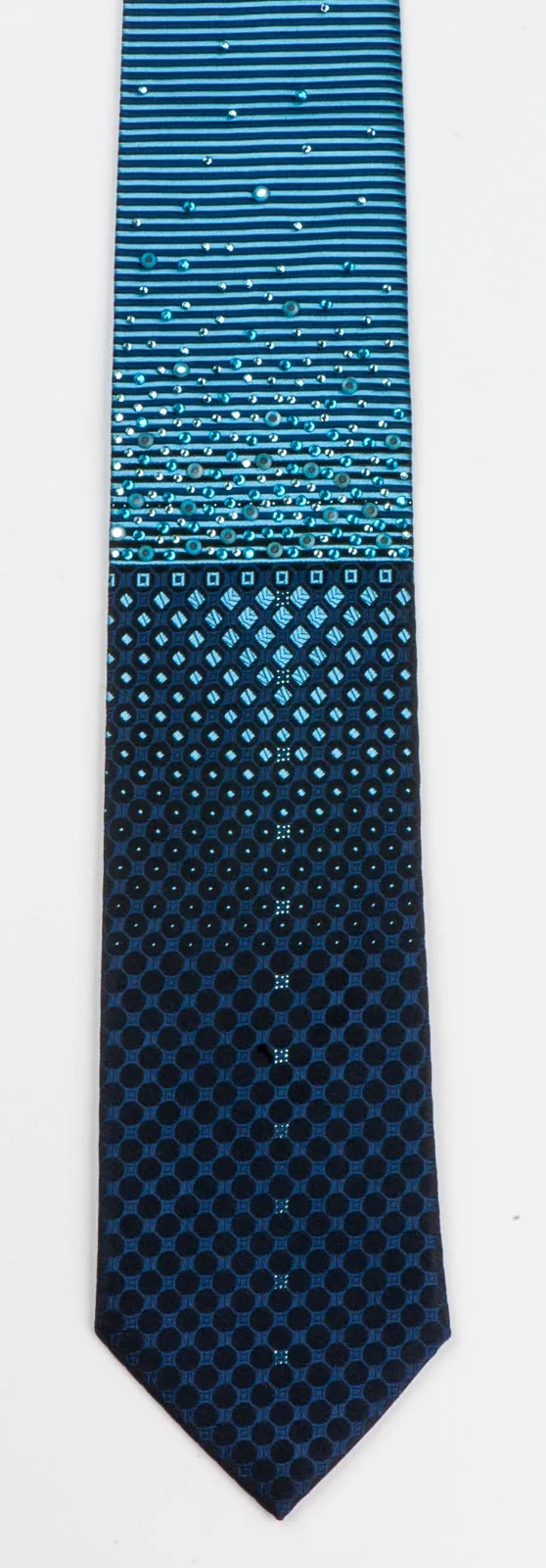 Grang Cia Mens Rhinestone Silk Necktie Blue Stripes Geometric Design 3 1/4 Inch