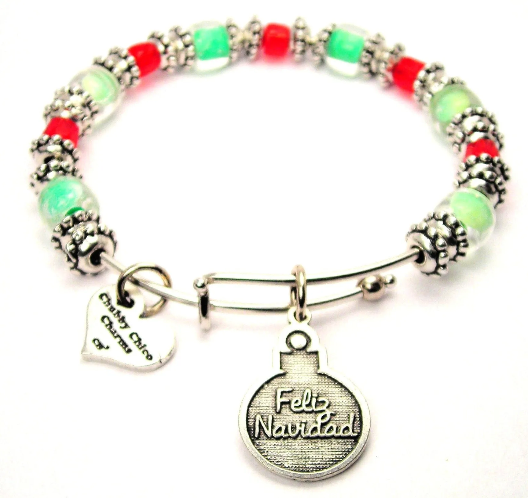 Green And Red Feliz Navidad 9mm Glass Beaded Single Bracelet