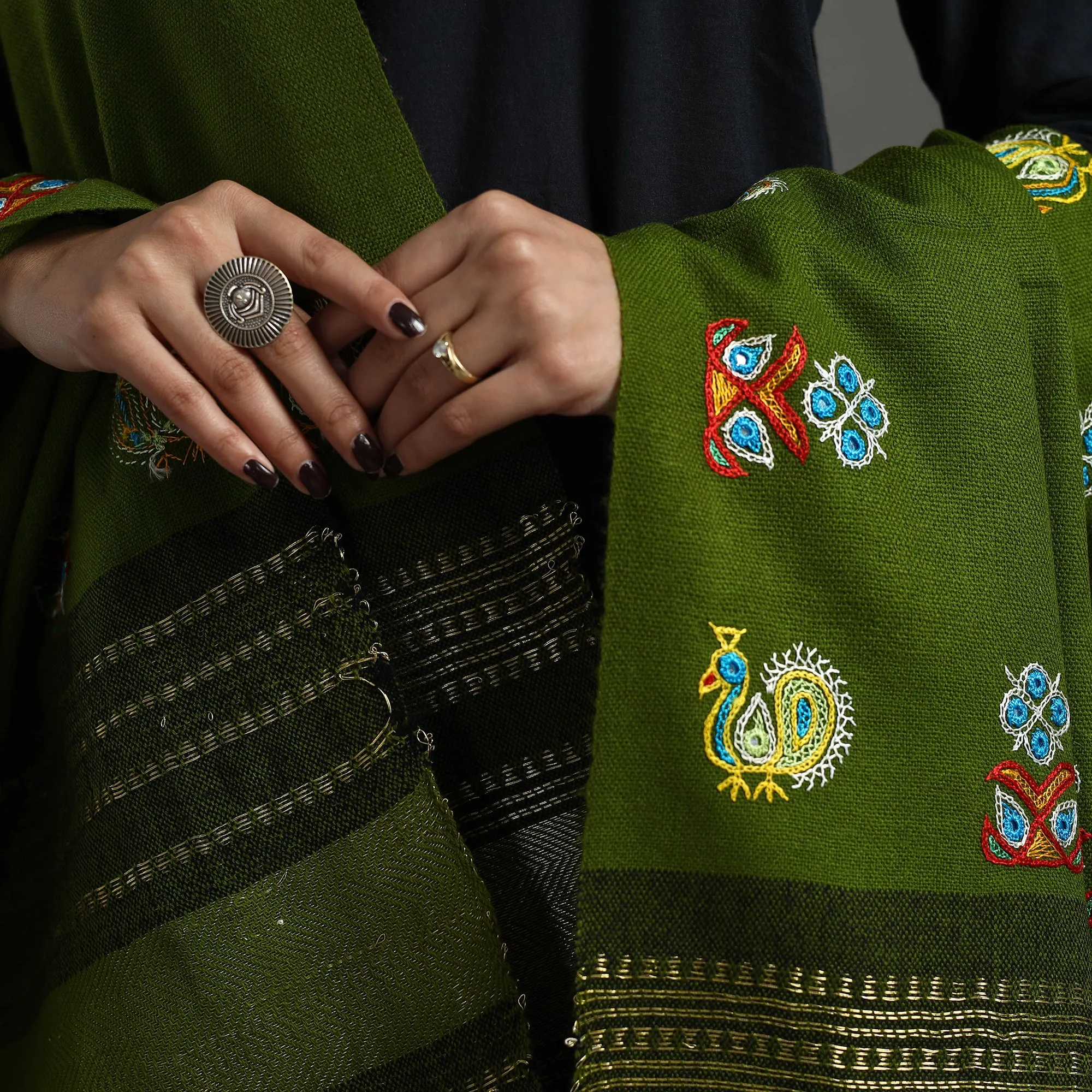 Green - Kutch Ahir Hand Embroidery Woollen Shawl 36