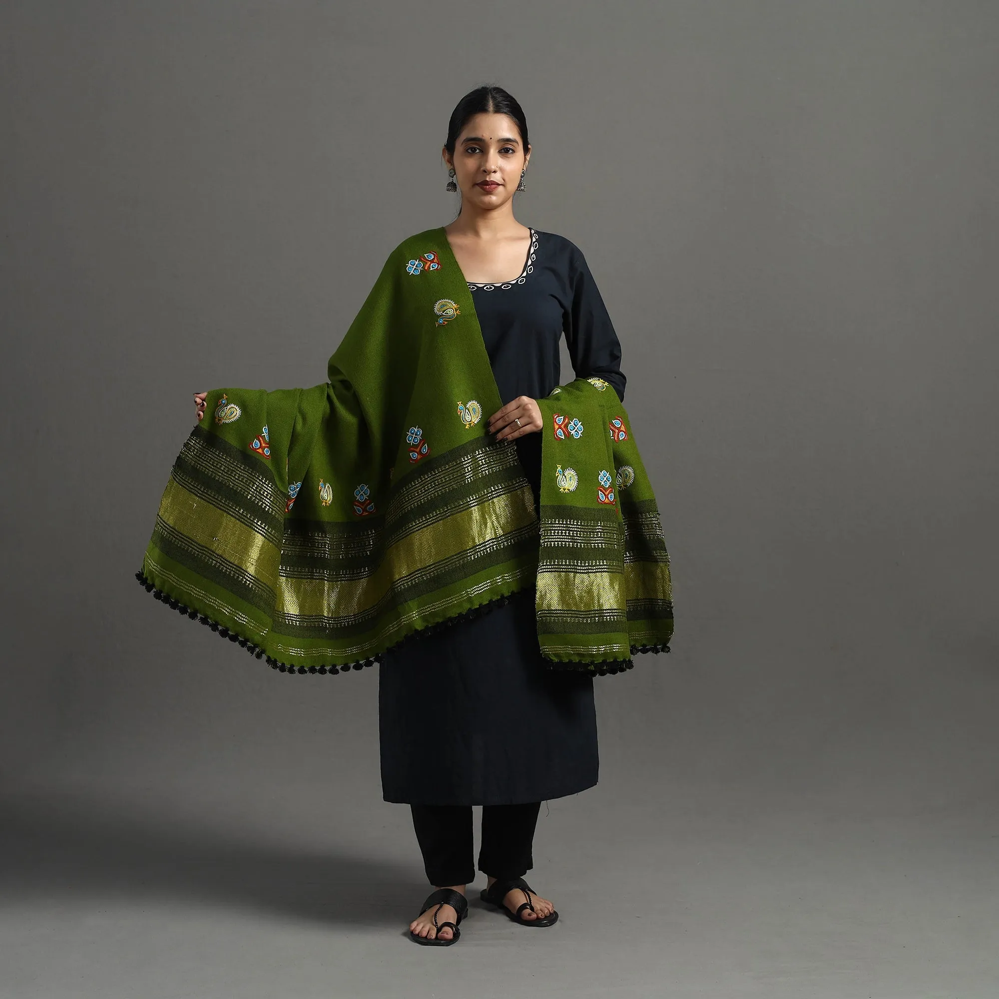 Green - Kutch Ahir Hand Embroidery Woollen Shawl 36