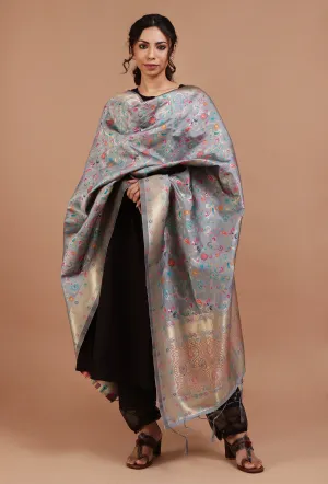 Grey Color Semi Silk Dupatta With Zari Weaving