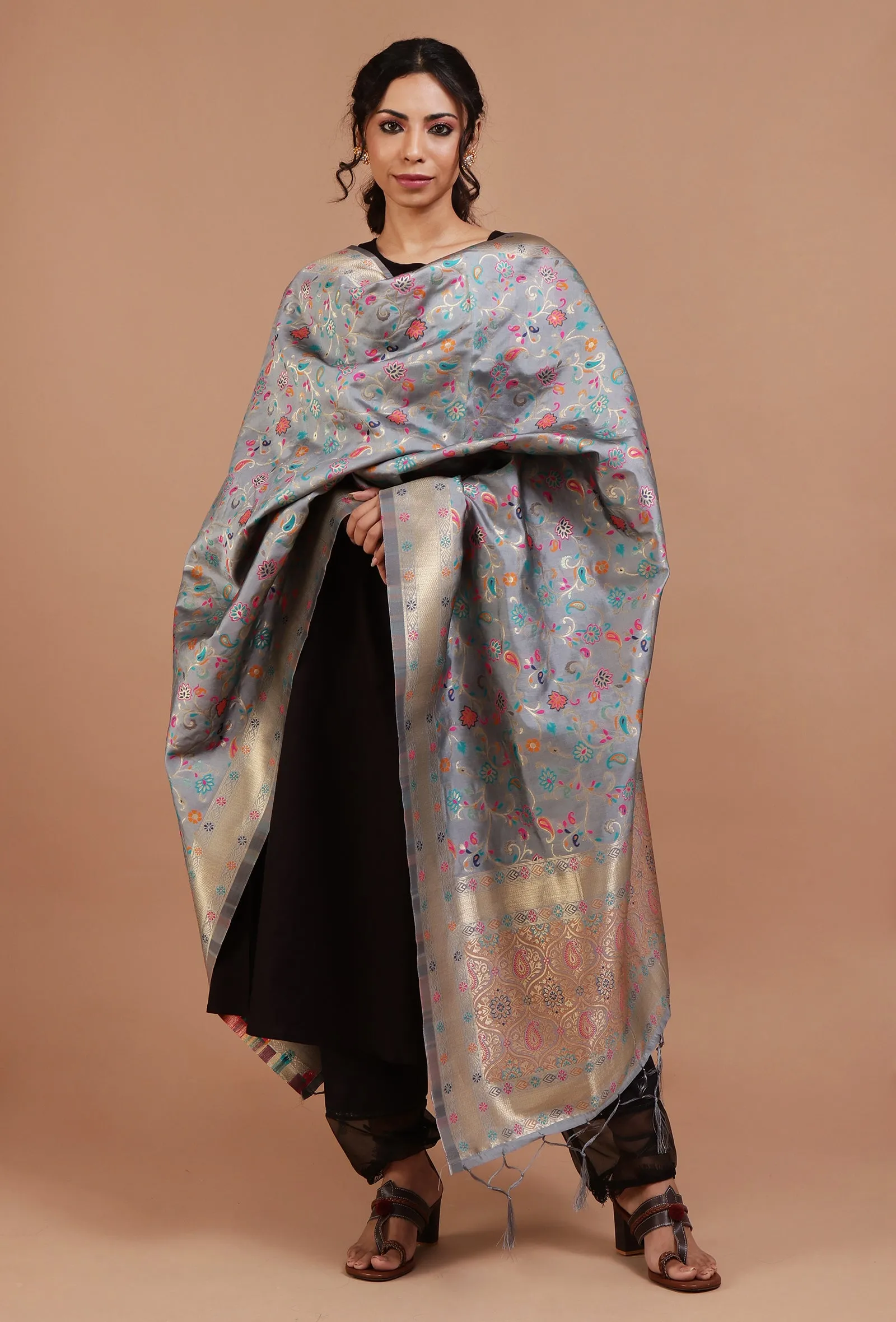 Grey Color Semi Silk Dupatta With Zari Weaving