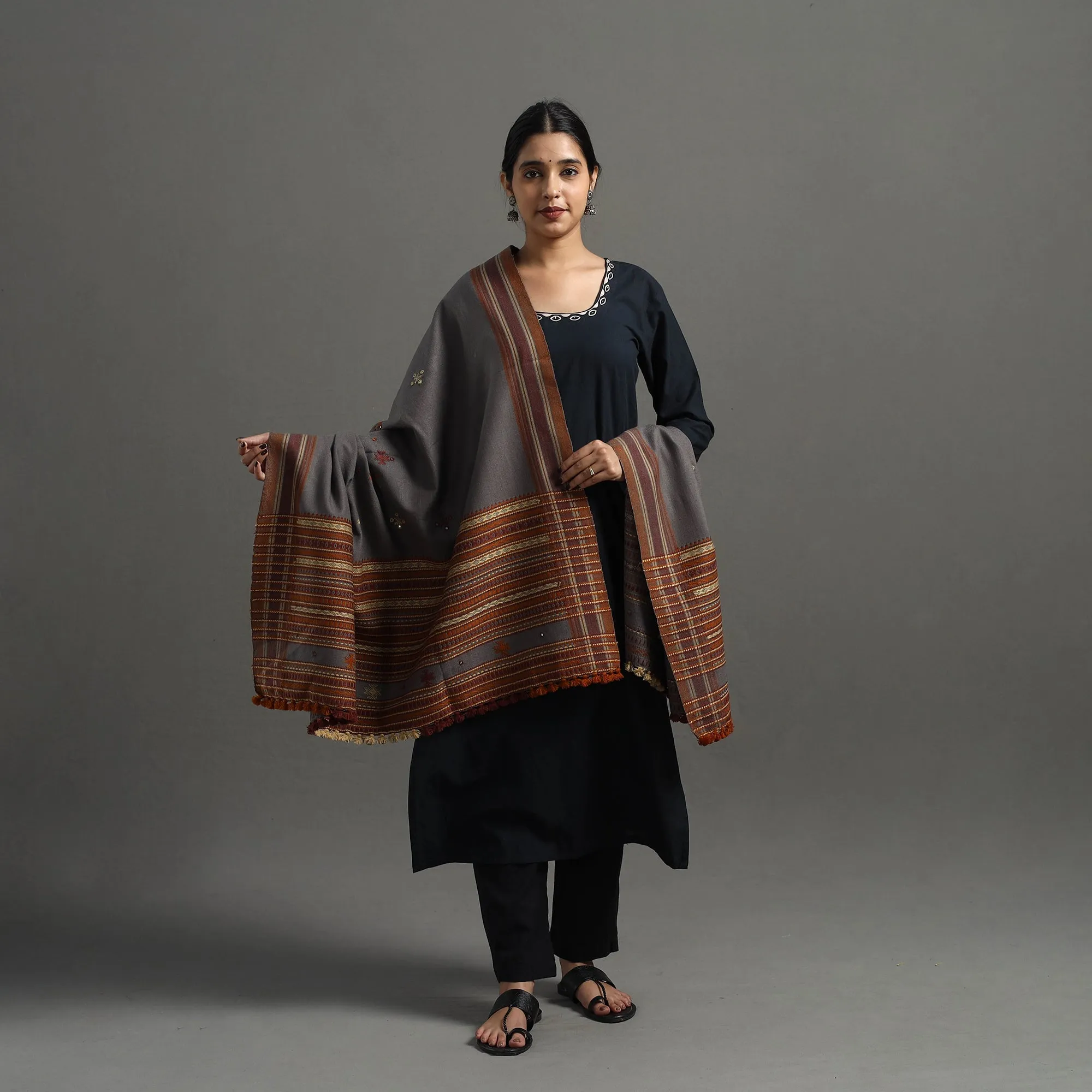 Grey - Kutch Handwoven Mirror Work Woollen Shawl 13