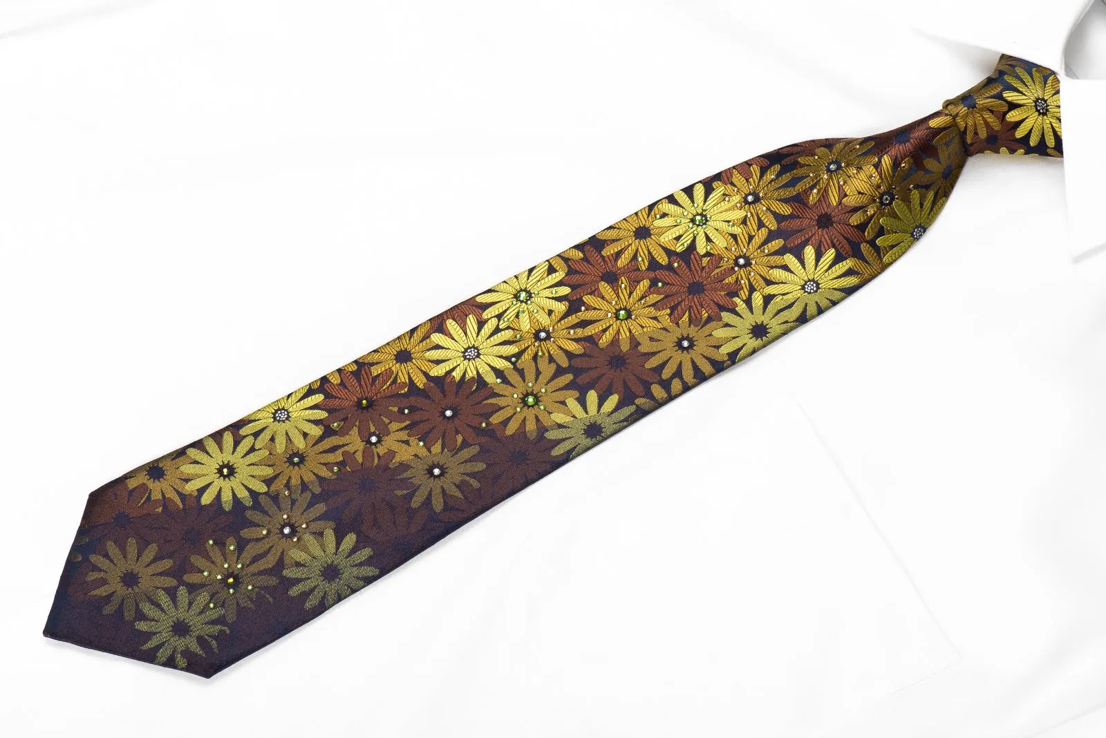 Guy Laroche Men's Crystal Rhinestone Tie Green Brown Floral On Navy With Silver Sparkles