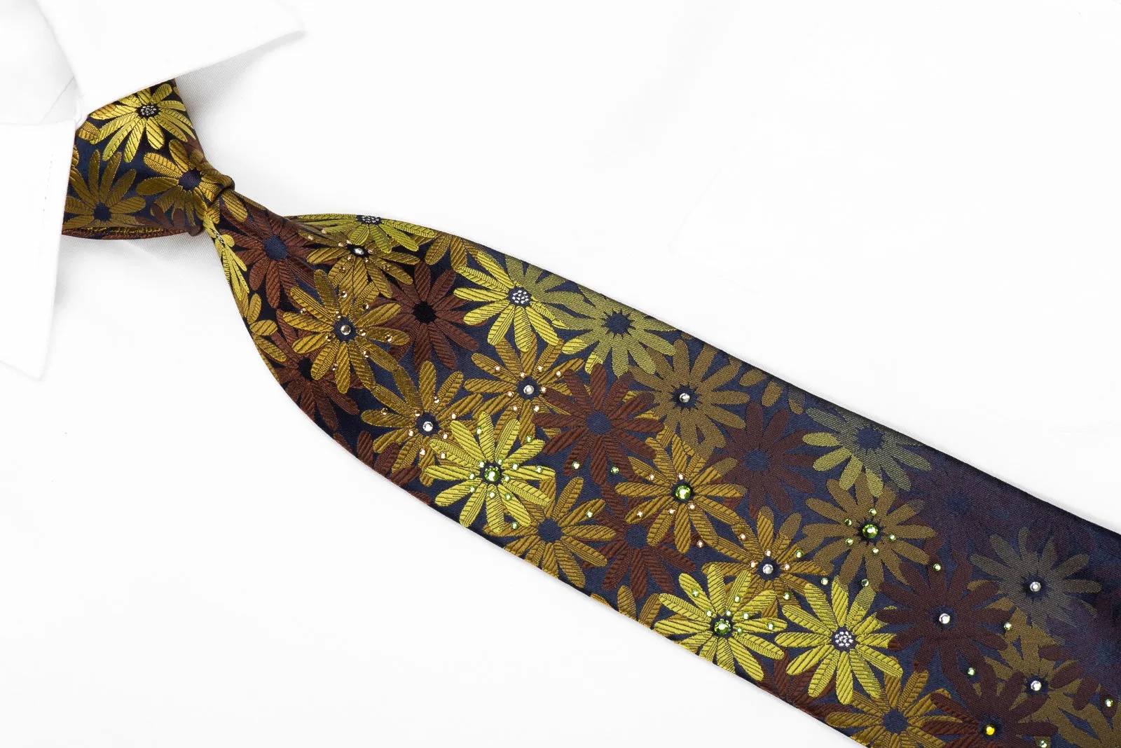 Guy Laroche Men's Crystal Rhinestone Tie Green Brown Floral On Navy With Silver Sparkles