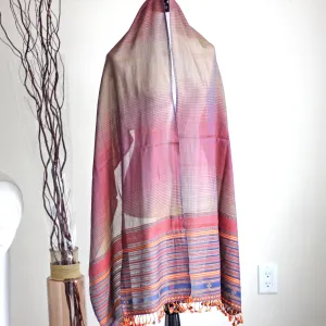 Handwoven Cotton Stole Wrap with Tassels | Maroon-Golden Brown, Olive, 23x84"