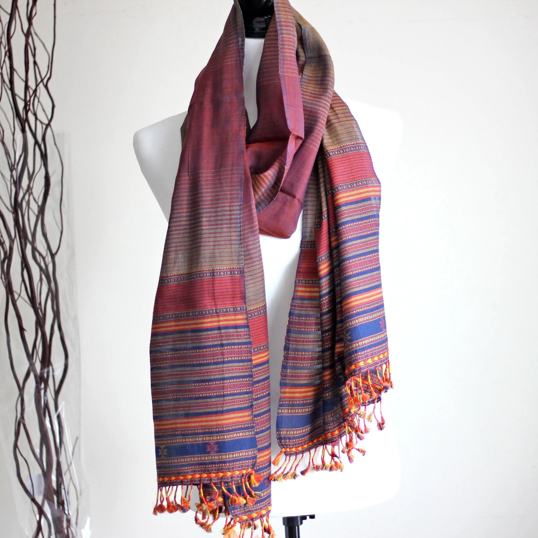 Handwoven Cotton Stole Wrap with Tassels | Maroon-Golden Brown, Olive, 23x84"