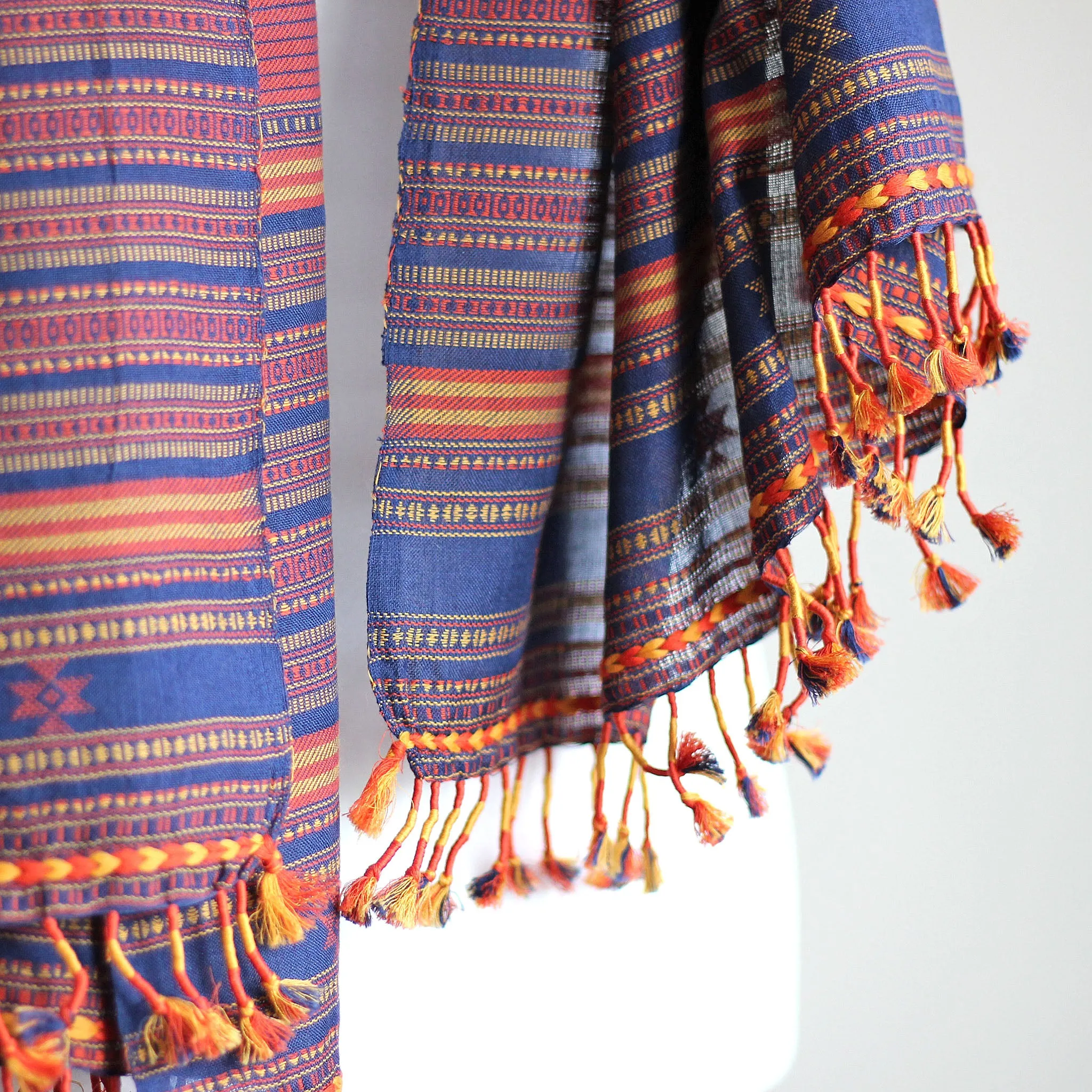 Handwoven Cotton Stole Wrap with Tassels | Maroon-Golden Brown, Olive, 23x84"