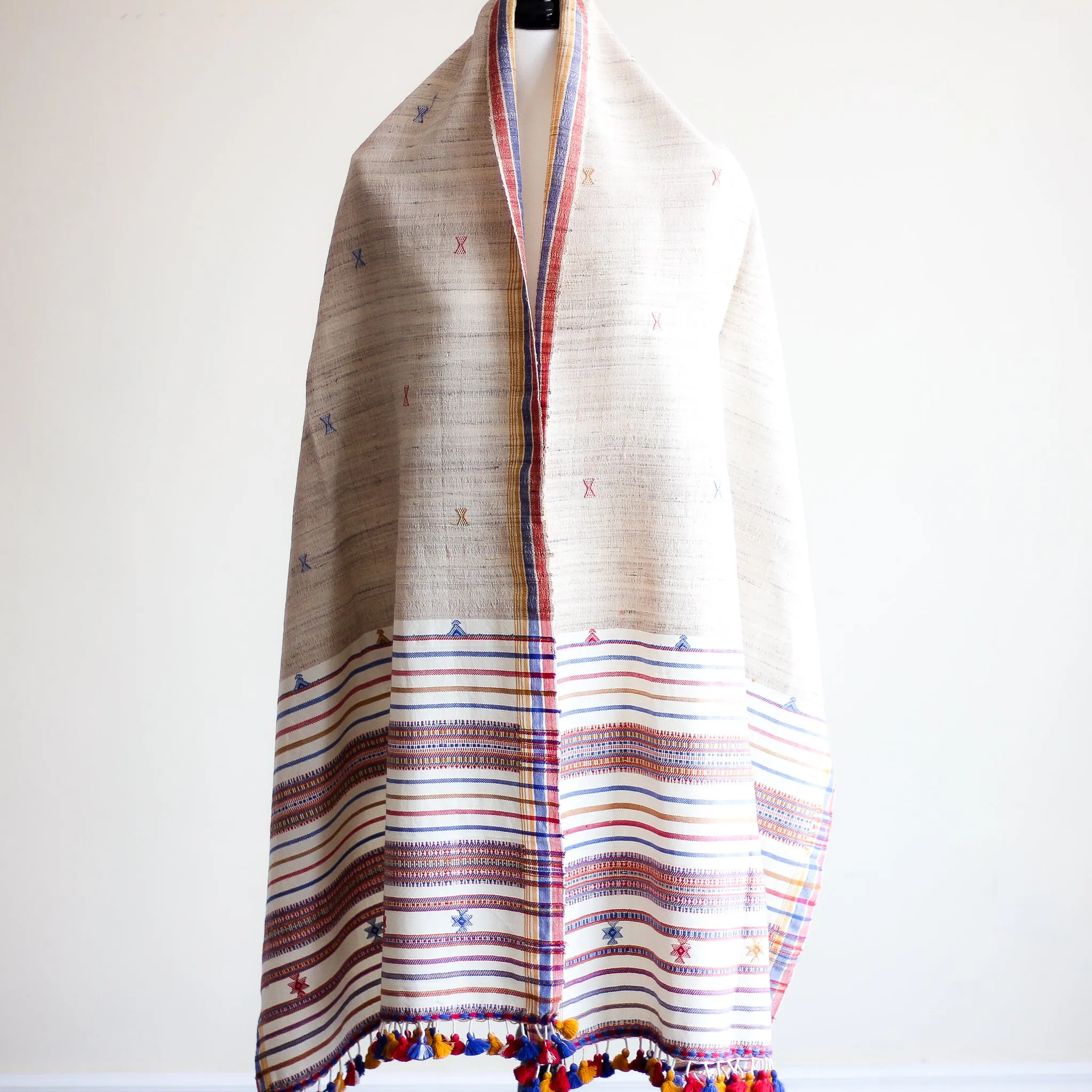 Handwoven Wrap from Handspun Tussar Silk & Fine Cotton - Colourful Tassels | Beige Stole, 24x86"