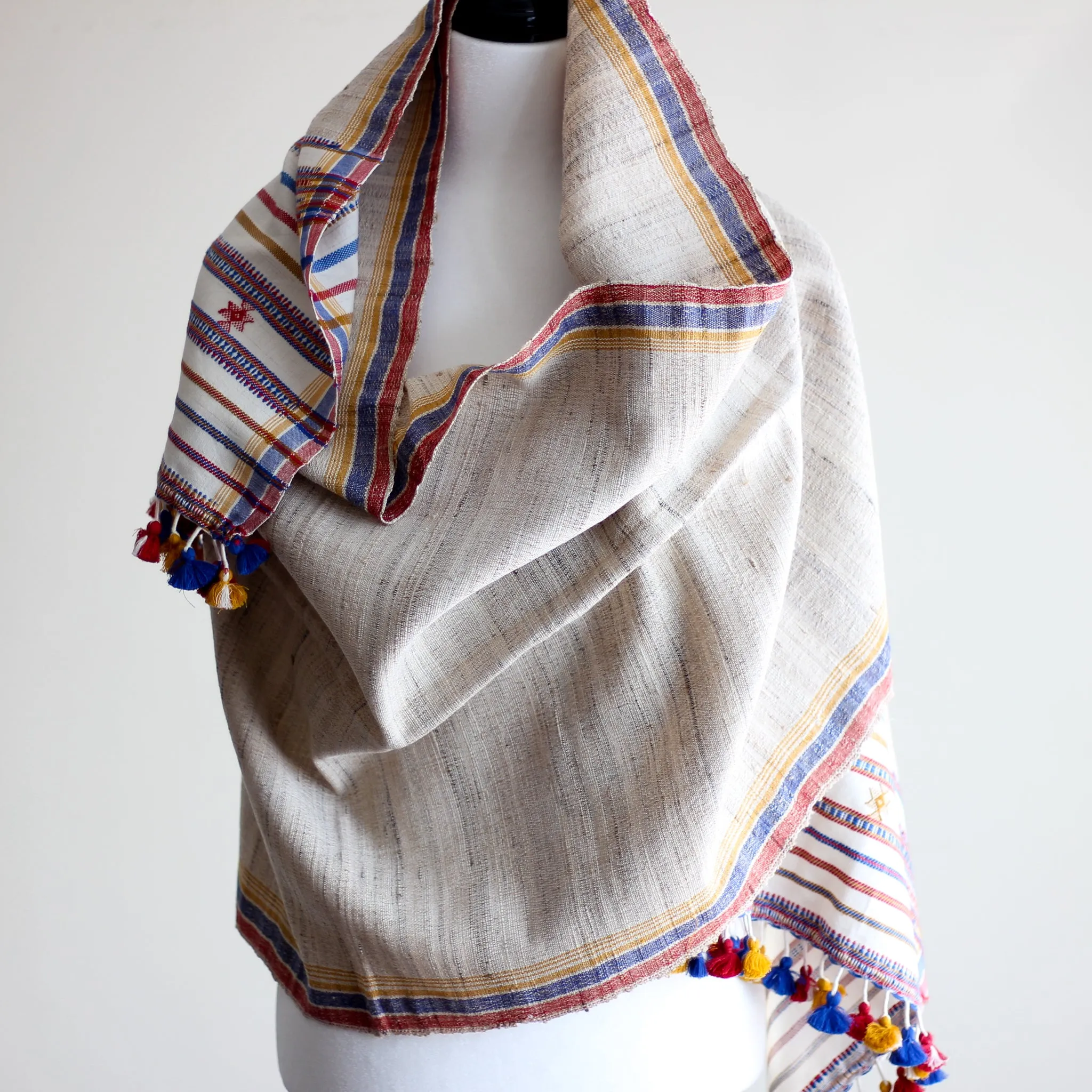 Handwoven Wrap from Handspun Tussar Silk & Fine Cotton - Colourful Tassels | Beige Stole, 24x86"