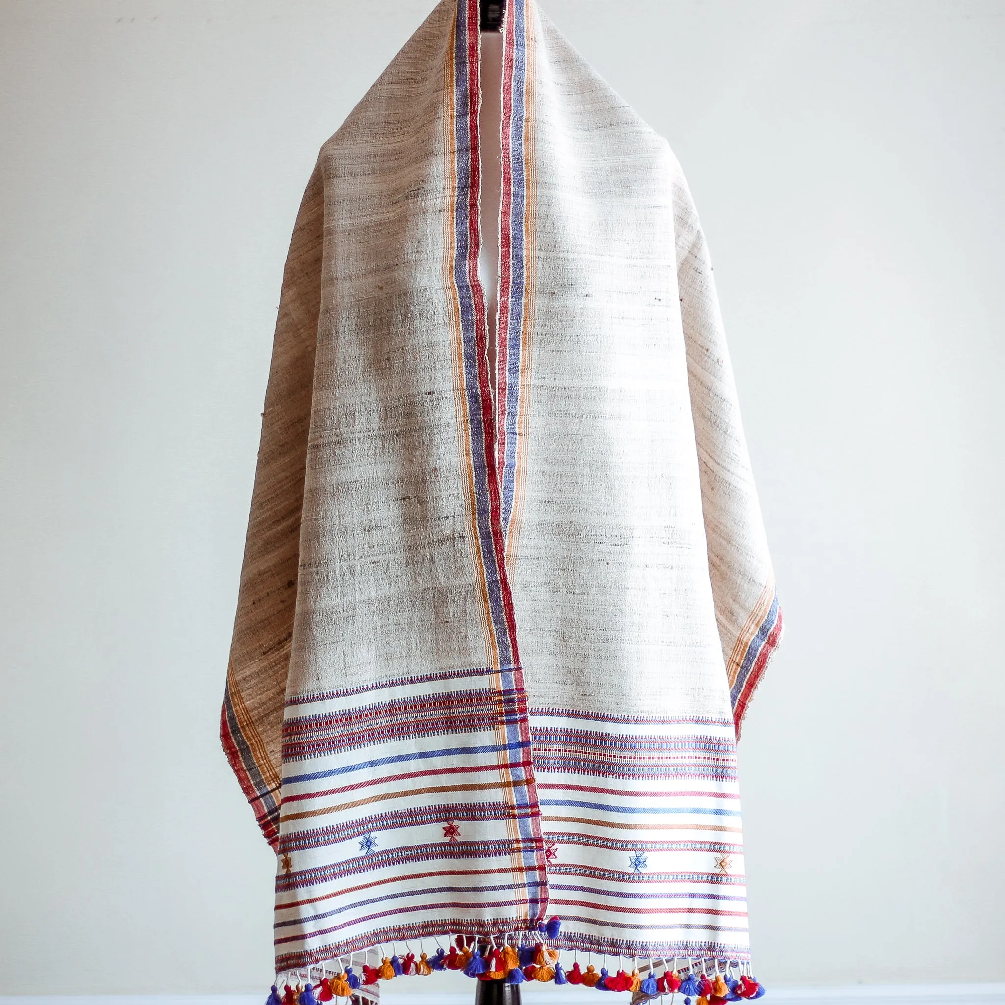 Handwoven Wrap from Handspun Tussar Silk & Fine Cotton - Colourful Tassels | Beige Stole, 24x86"