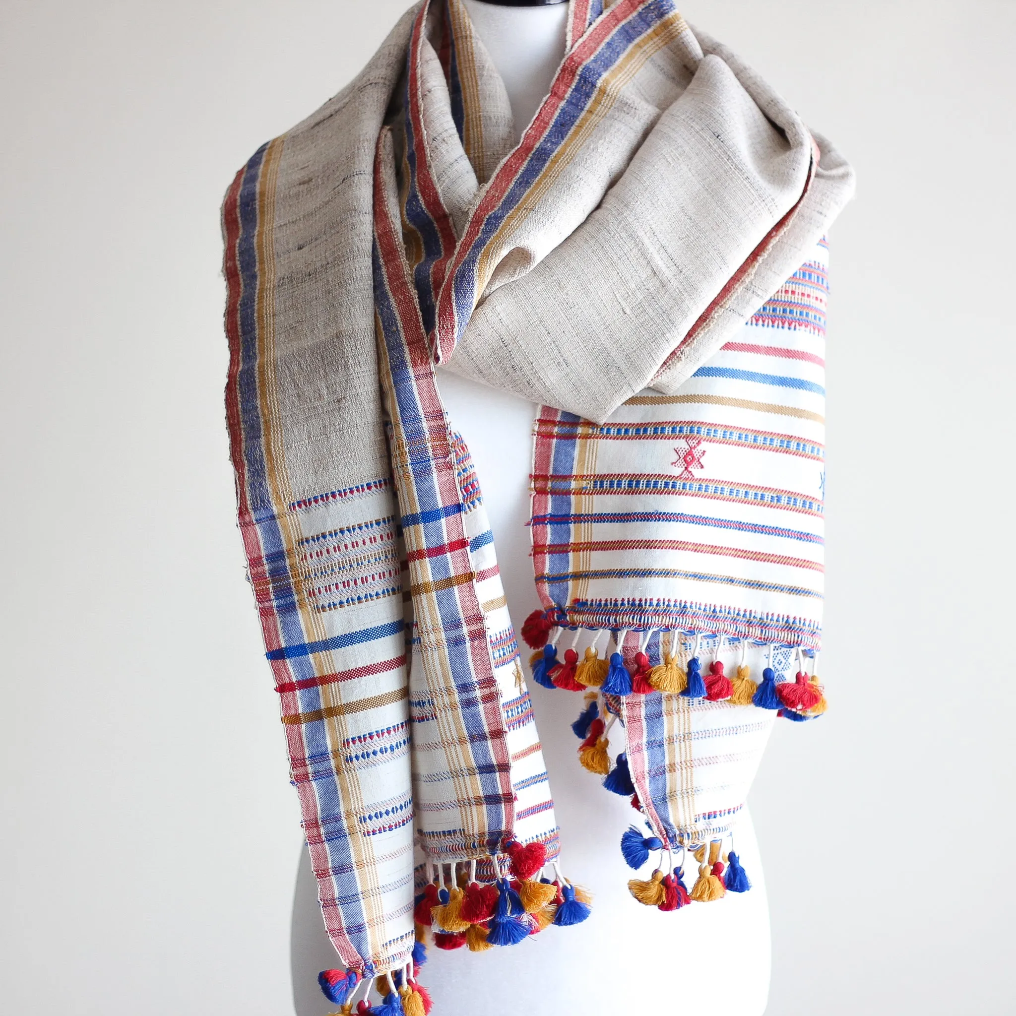 Handwoven Wrap from Handspun Tussar Silk & Fine Cotton - Colourful Tassels | Beige Stole, 24x86"