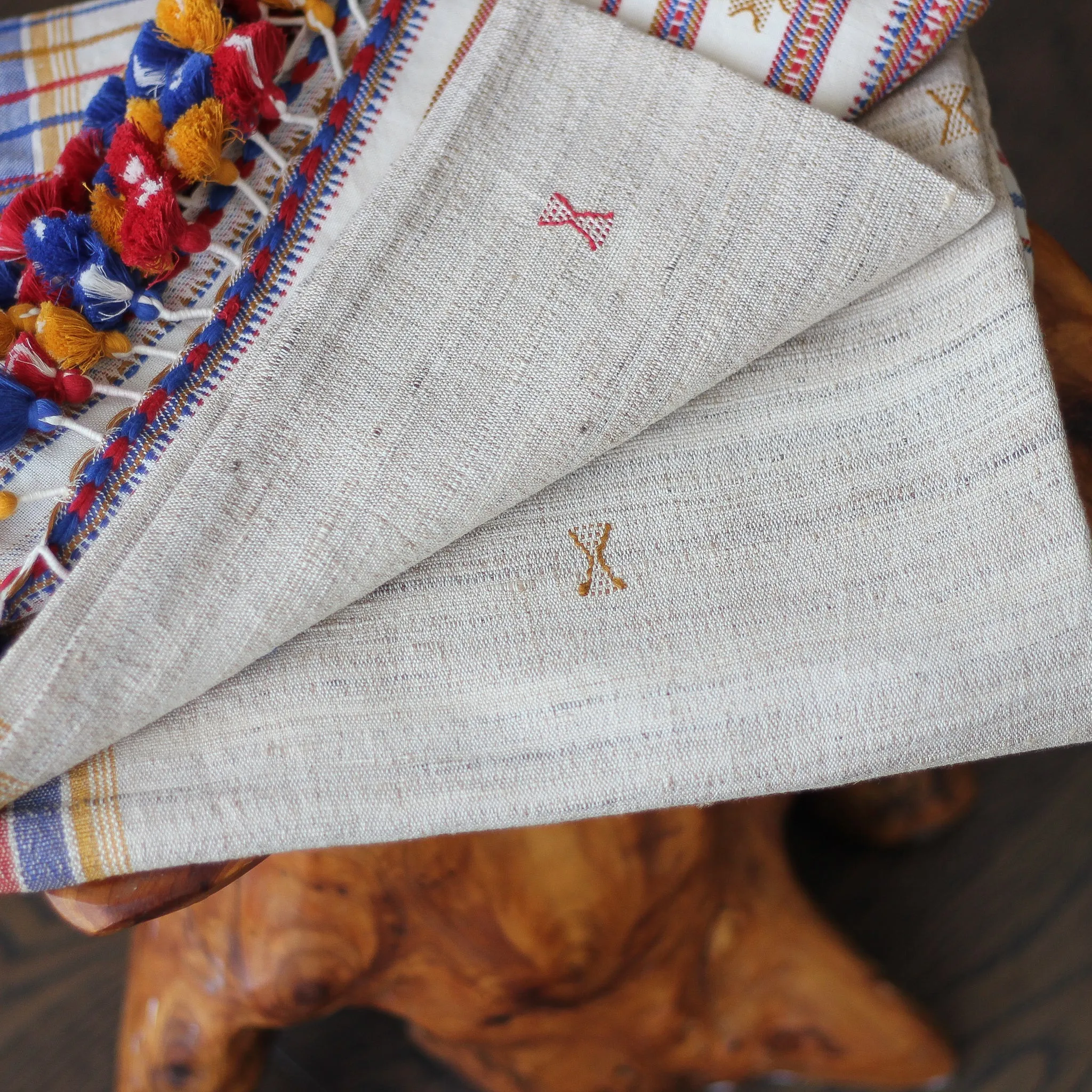 Handwoven Wrap from Handspun Tussar Silk & Fine Cotton - Colourful Tassels | Beige Stole, 24x86"