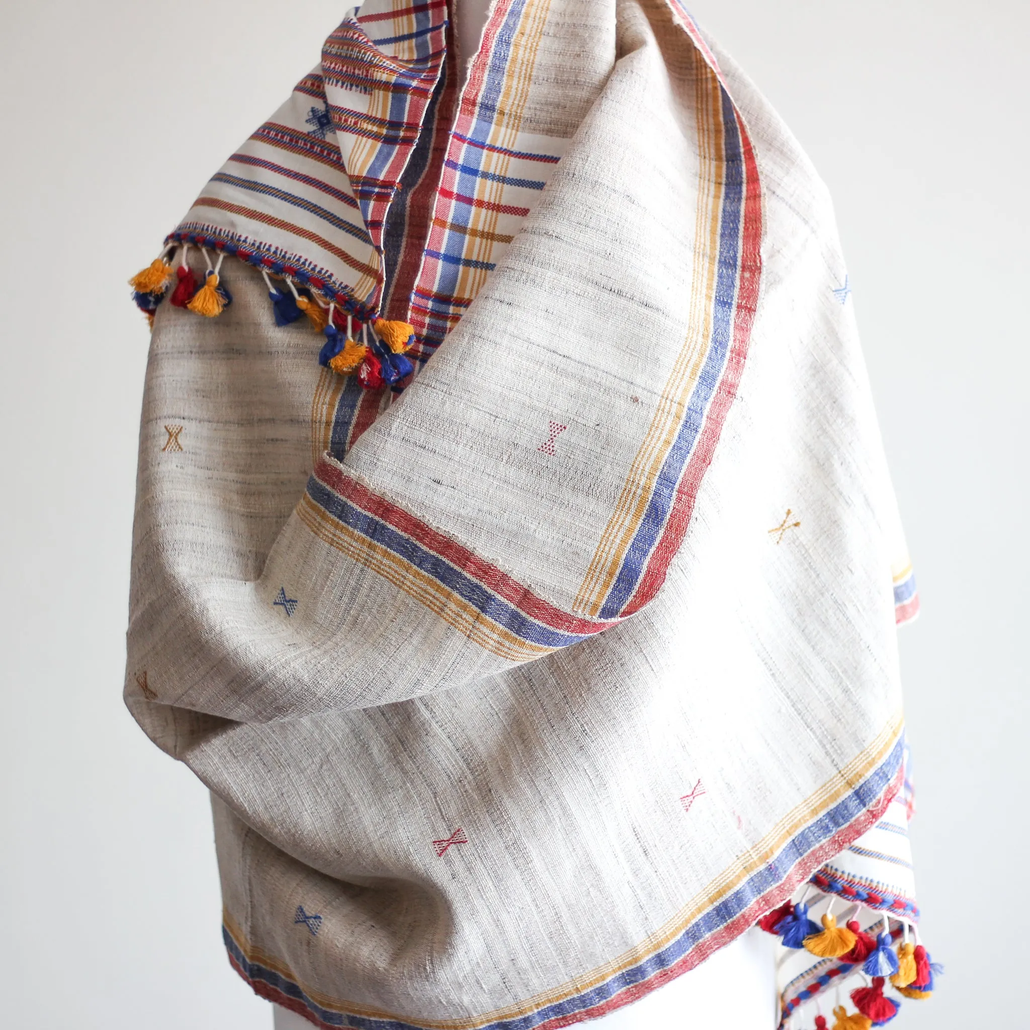 Handwoven Wrap from Handspun Tussar Silk & Fine Cotton - Colourful Tassels | Beige Stole, 24x86"