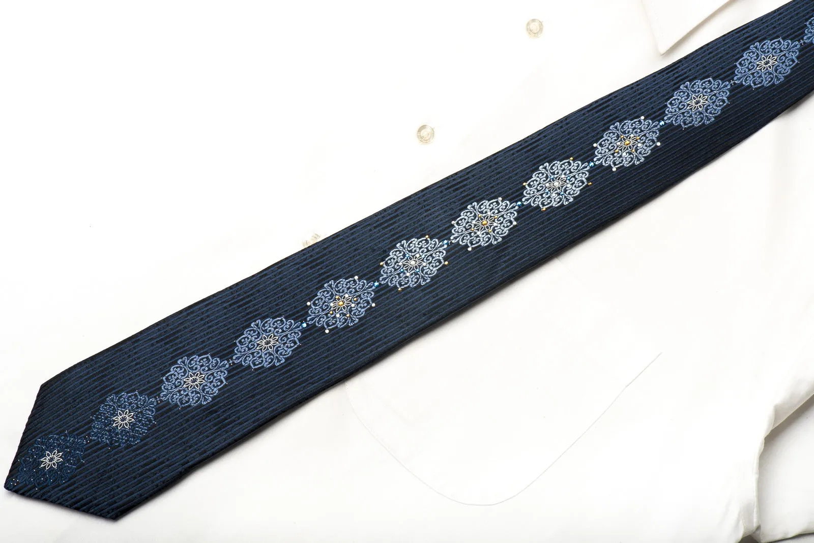 Indian Homme Men's Silk Necktie Blue Cartouche & Striped On Black Sparkling With Rhinestones