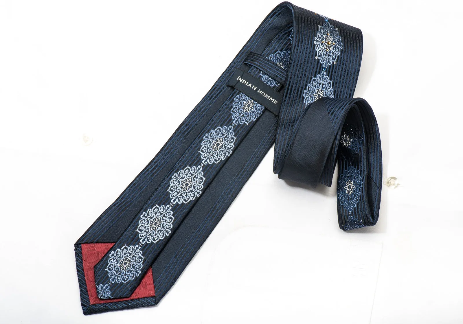 Indian Homme Men's Silk Necktie Blue Cartouche & Striped On Black Sparkling With Rhinestones