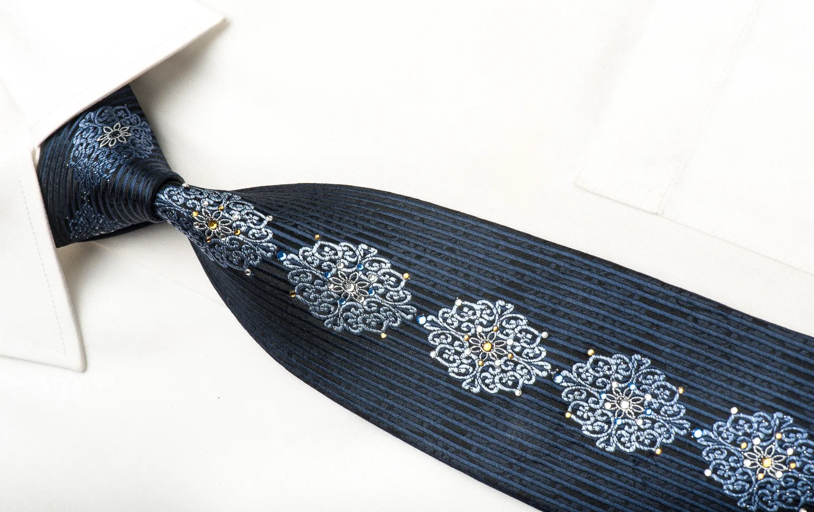 Indian Homme Men's Silk Necktie Blue Cartouche & Striped On Black Sparkling With Rhinestones