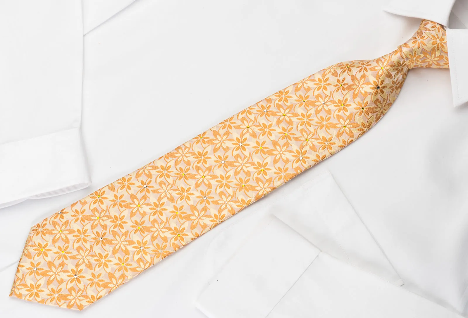 Indian Homme Rhinestone Necktie Floral On Orange With Silver Sparkles