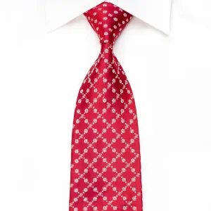 Indian Leaders Men's Crystal Silk Necktie Checker Monogram On Red With Silver Sparkles