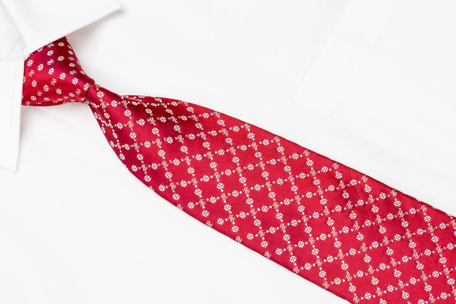 Indian Leaders Men's Crystal Silk Necktie Checker Monogram On Red With Silver Sparkles