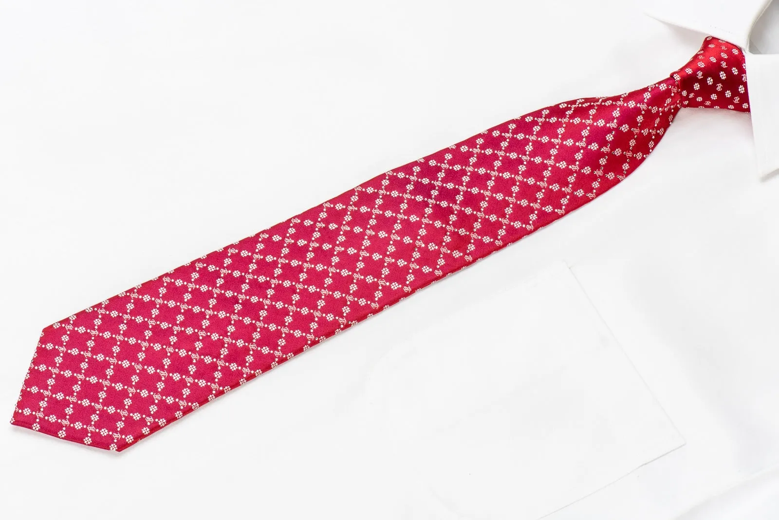 Indian Leaders Men's Crystal Silk Necktie Checker Monogram On Red With Silver Sparkles