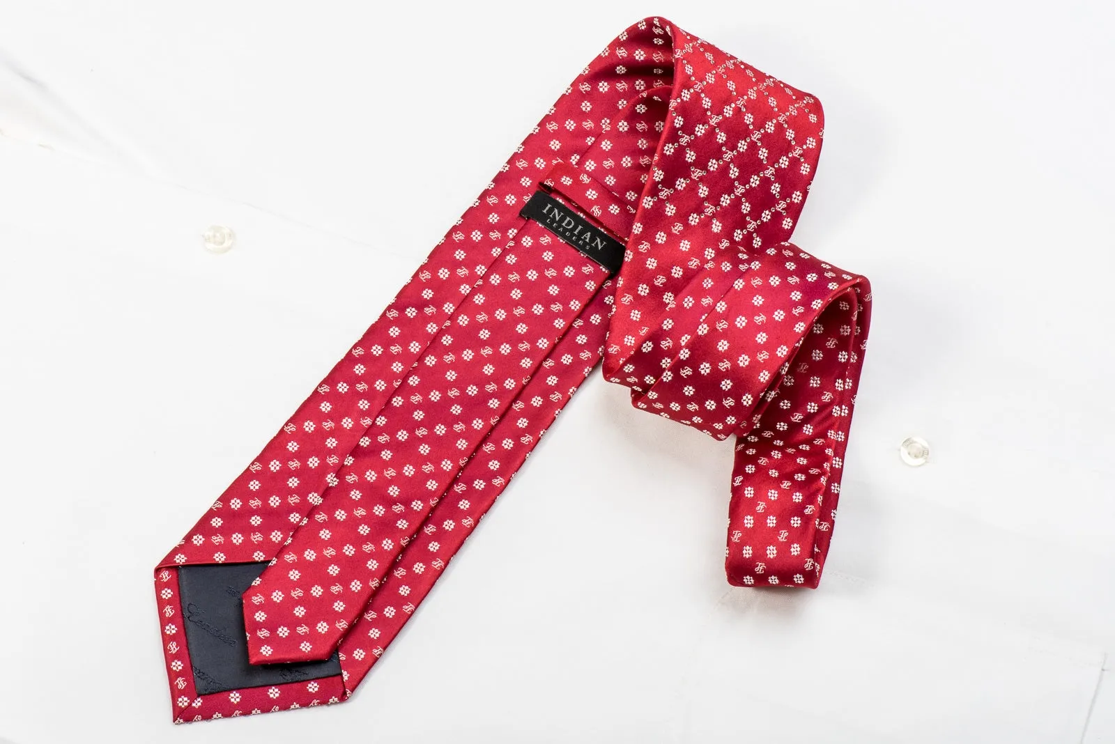 Indian Leaders Men's Crystal Silk Necktie Checker Monogram On Red With Silver Sparkles