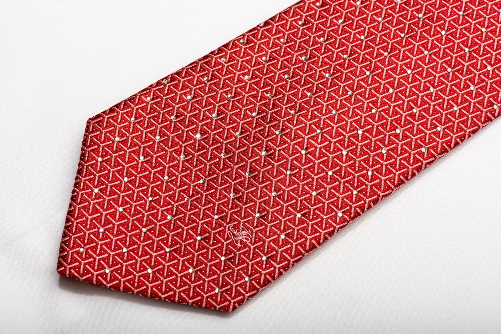 Indian Leaders Men's Silk Tie Trellis On Red Sparkling With Crystal Rhinestones