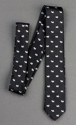 Kissa Skinny Neck Tie Silver Scotty Dogs On Black 100% Micro Fiber 2 Inch