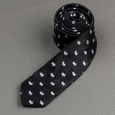 Kissa Skinny Neck Tie Silver Scotty Dogs On Black 100% Micro Fiber 2 Inch