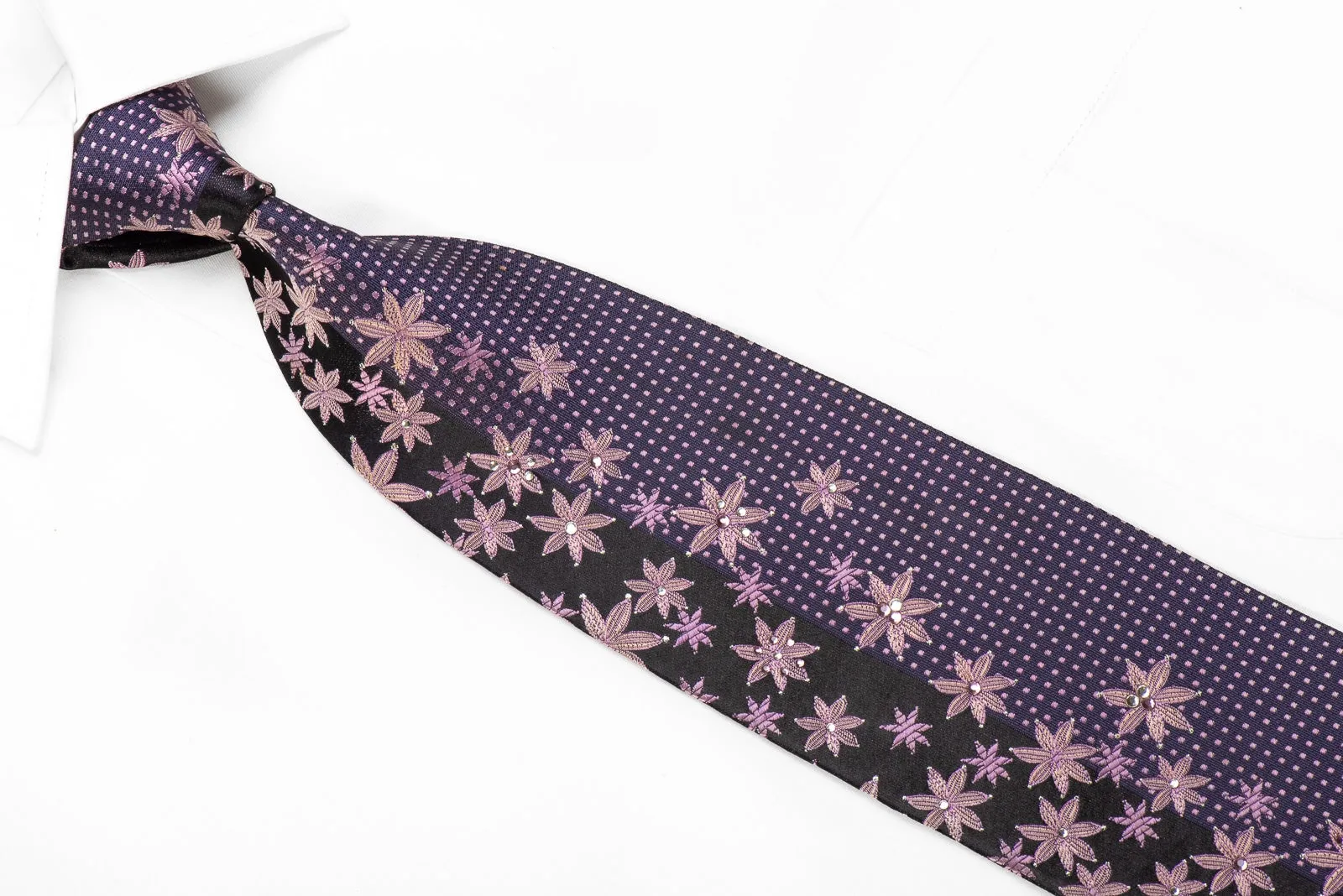 Krizia Mens Crystal Silk Necktie Floral On Purple With Silver Sparkles