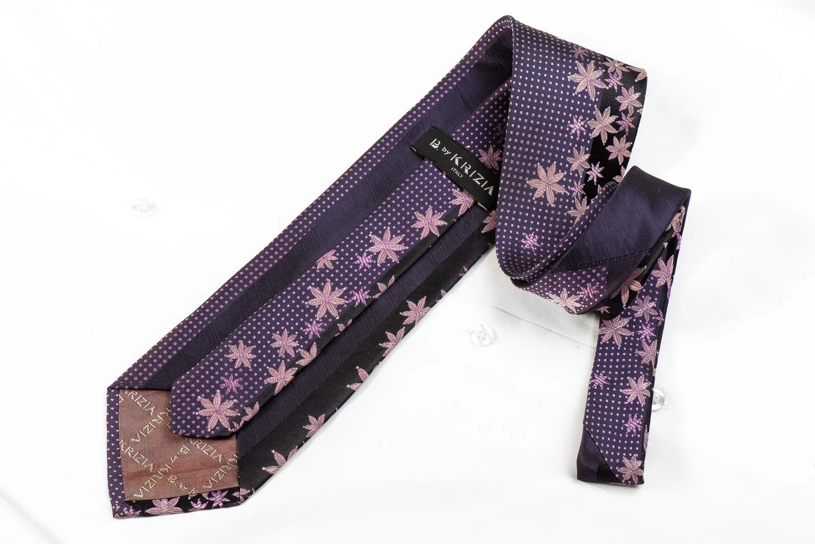 Krizia Mens Crystal Silk Necktie Floral On Purple With Silver Sparkles