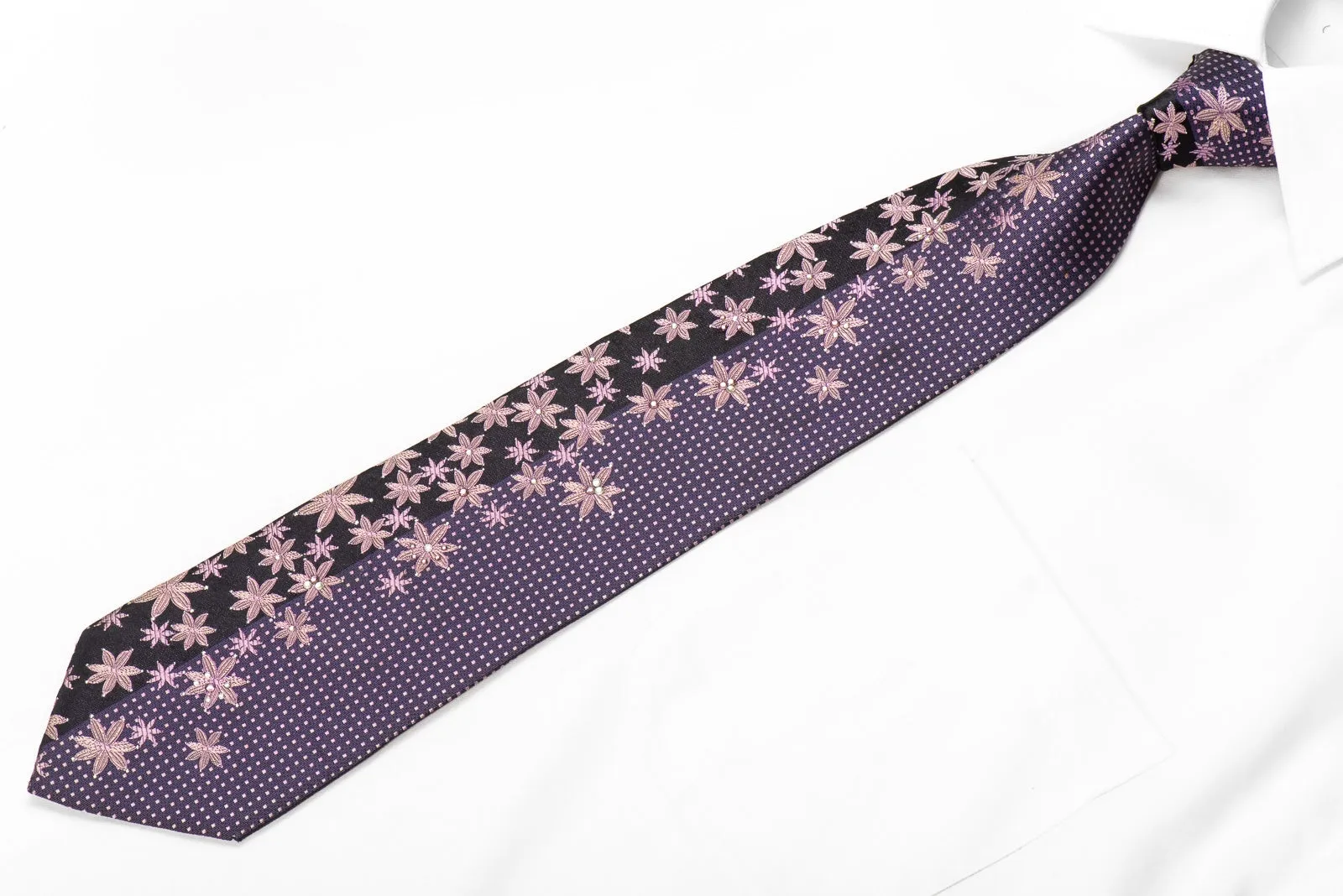 Krizia Mens Crystal Silk Necktie Floral On Purple With Silver Sparkles