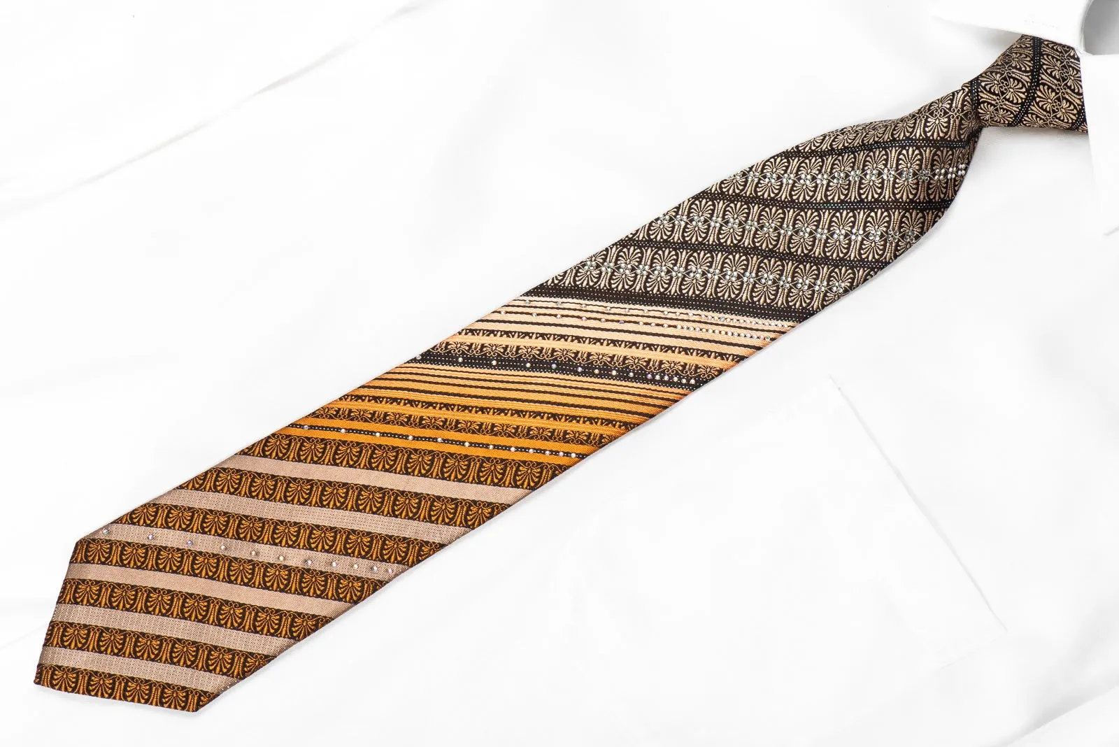 Lancetti Men's Crystal Silk Tie Orange Brown Anthemion & Stripes On Black With Silver Sparkles