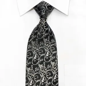 Lancetti Men's Silk Necktie Silver Filigree On Black Sparkling With Rhinestones