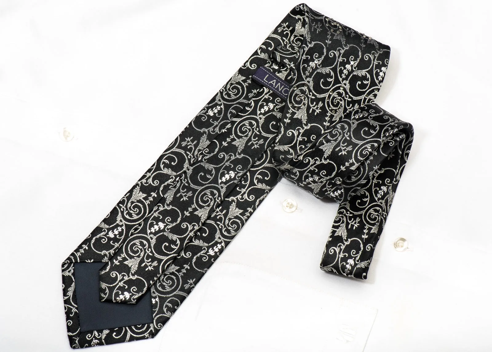 Lancetti Men's Silk Necktie Silver Filigree On Black Sparkling With Rhinestones