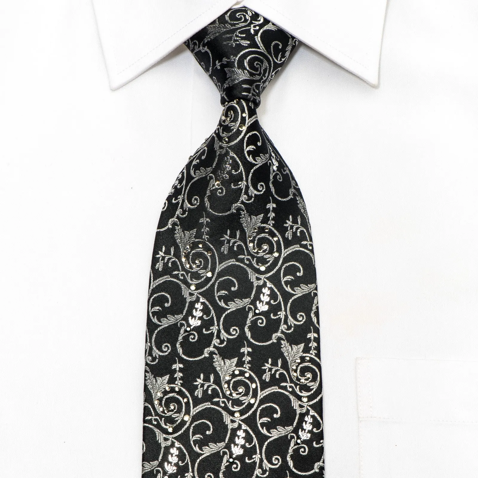 Lancetti Men's Silk Necktie Silver Filigree On Black Sparkling With Rhinestones