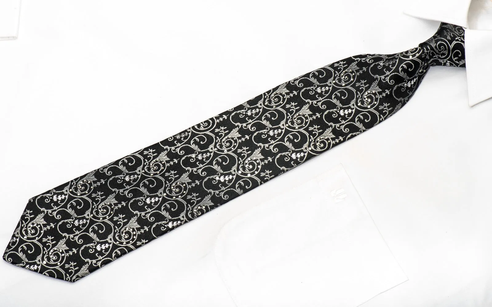 Lancetti Men's Silk Necktie Silver Filigree On Black Sparkling With Rhinestones