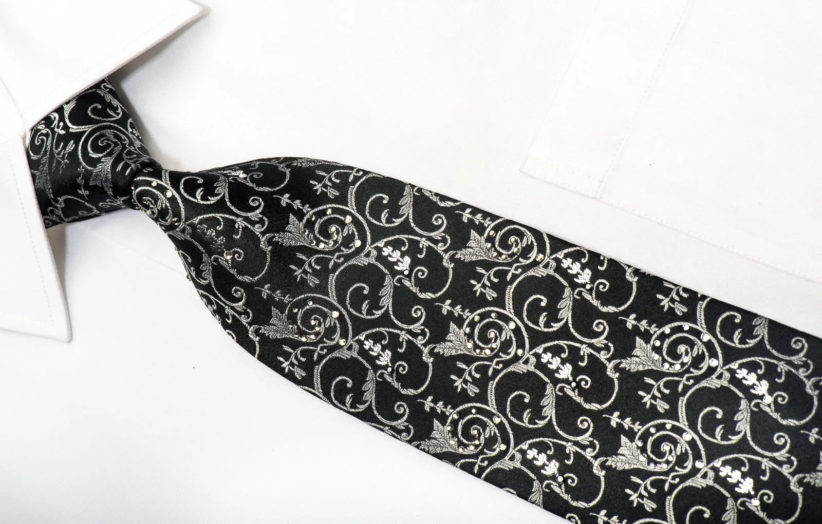 Lancetti Men's Silk Necktie Silver Filigree On Black Sparkling With Rhinestones