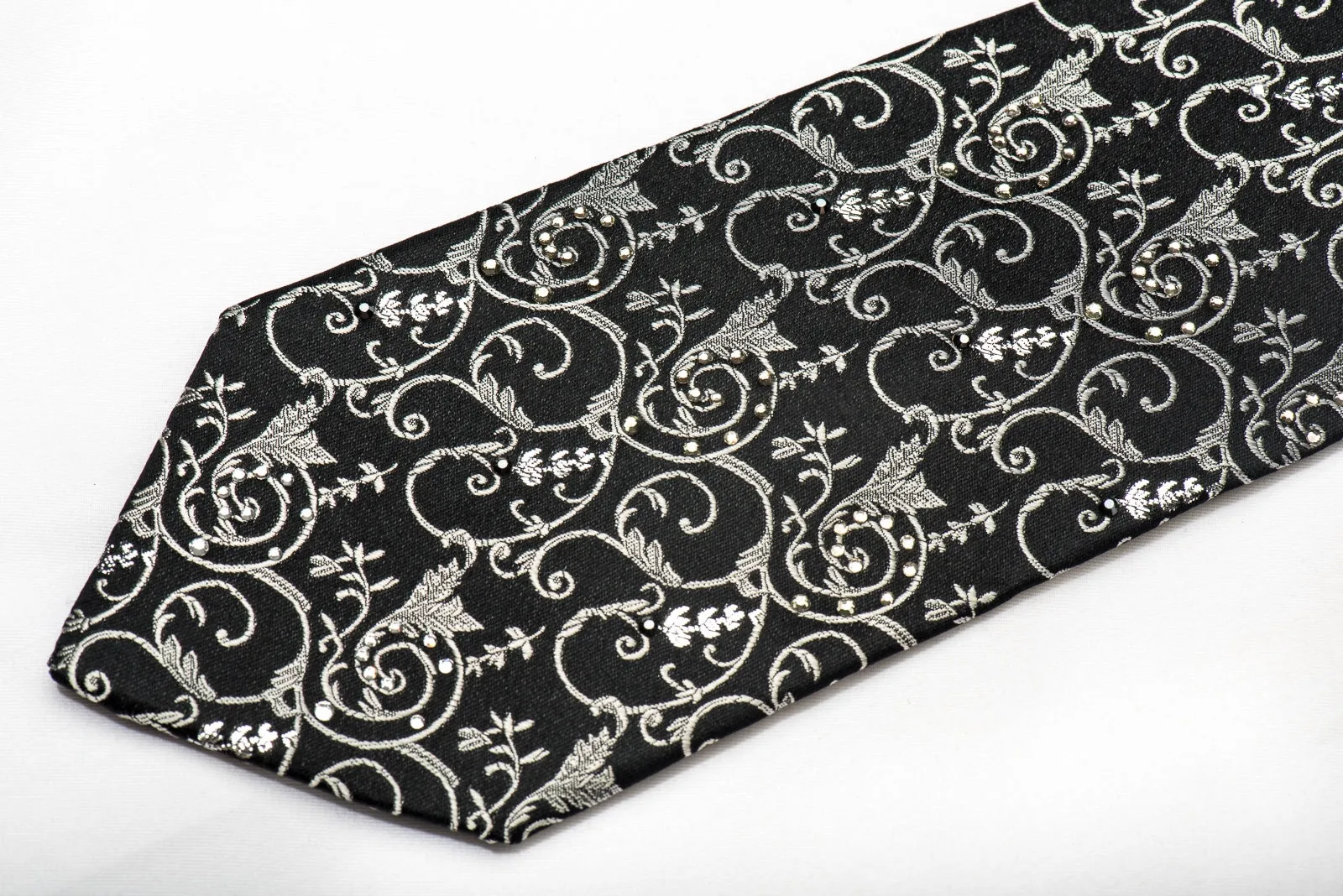 Lancetti Men's Silk Necktie Silver Filigree On Black Sparkling With Rhinestones