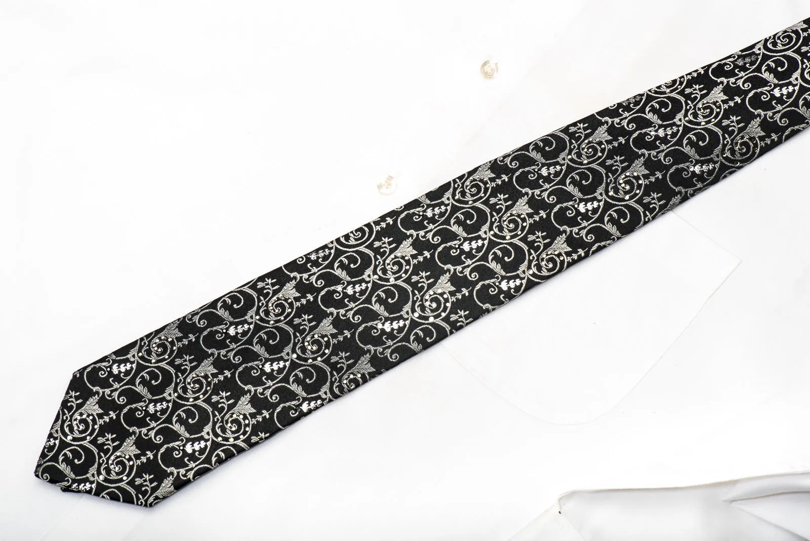 Lancetti Men's Silk Necktie Silver Filigree On Black Sparkling With Rhinestones